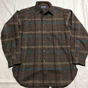 Vintage 80s Pendleton USA Made Wool Flannel Button Plaid Shirt Brown and Blue M